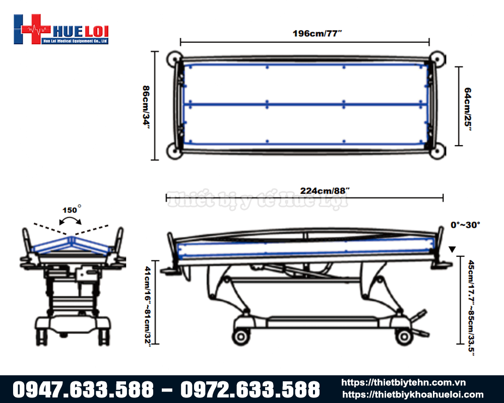 thông số kỹ thuật của giường tắm cho người liệt