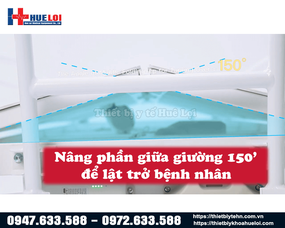 phần giữa giường có thể nâng lên 150 độ để lật trở bệnh nhân